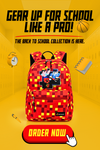 Promotional Preston Playz image of a red and yellow backpack with school supplies on a yellow background, featuring text encouraging back-to-school shopping.