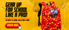 Red and yellow checkered backpack with Minecraft inspired characters on a yellow background with text 'Gear up for school like a pro!'.