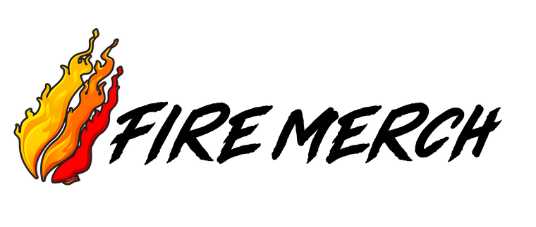 Logo with flames and 'FIRE MERCH' text on a white background